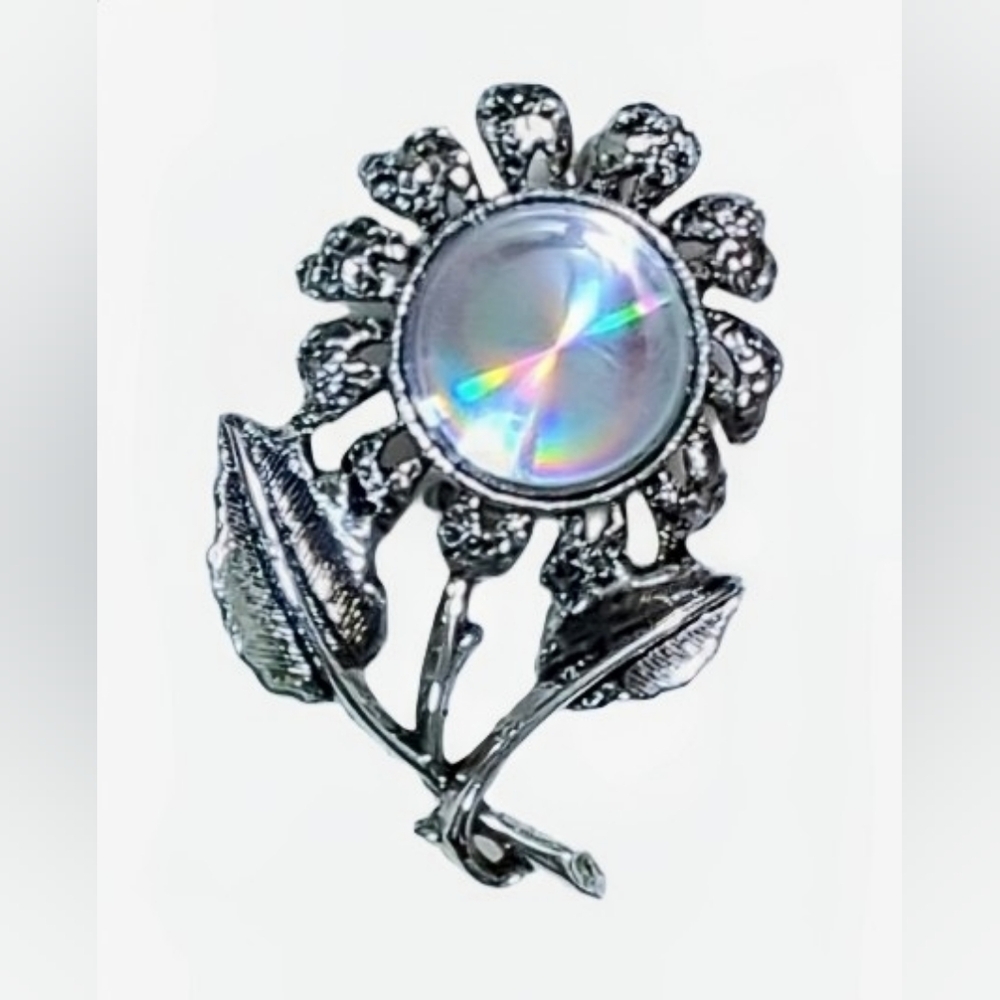 Vintage Holographic Sunflower Brooch - Rainbow Reflective Silver Tone Pin